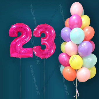 Гелиевые шары на 23 года для женщины "Акварельный этюд", 25 шариков и малиновые цифры